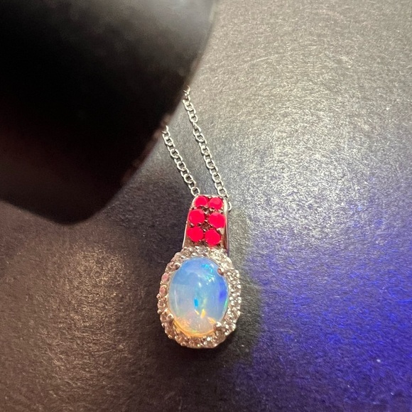 Ethiopian opal, ruby and zircon pendant and chain in platinum over sterling - Picture 11 of 14